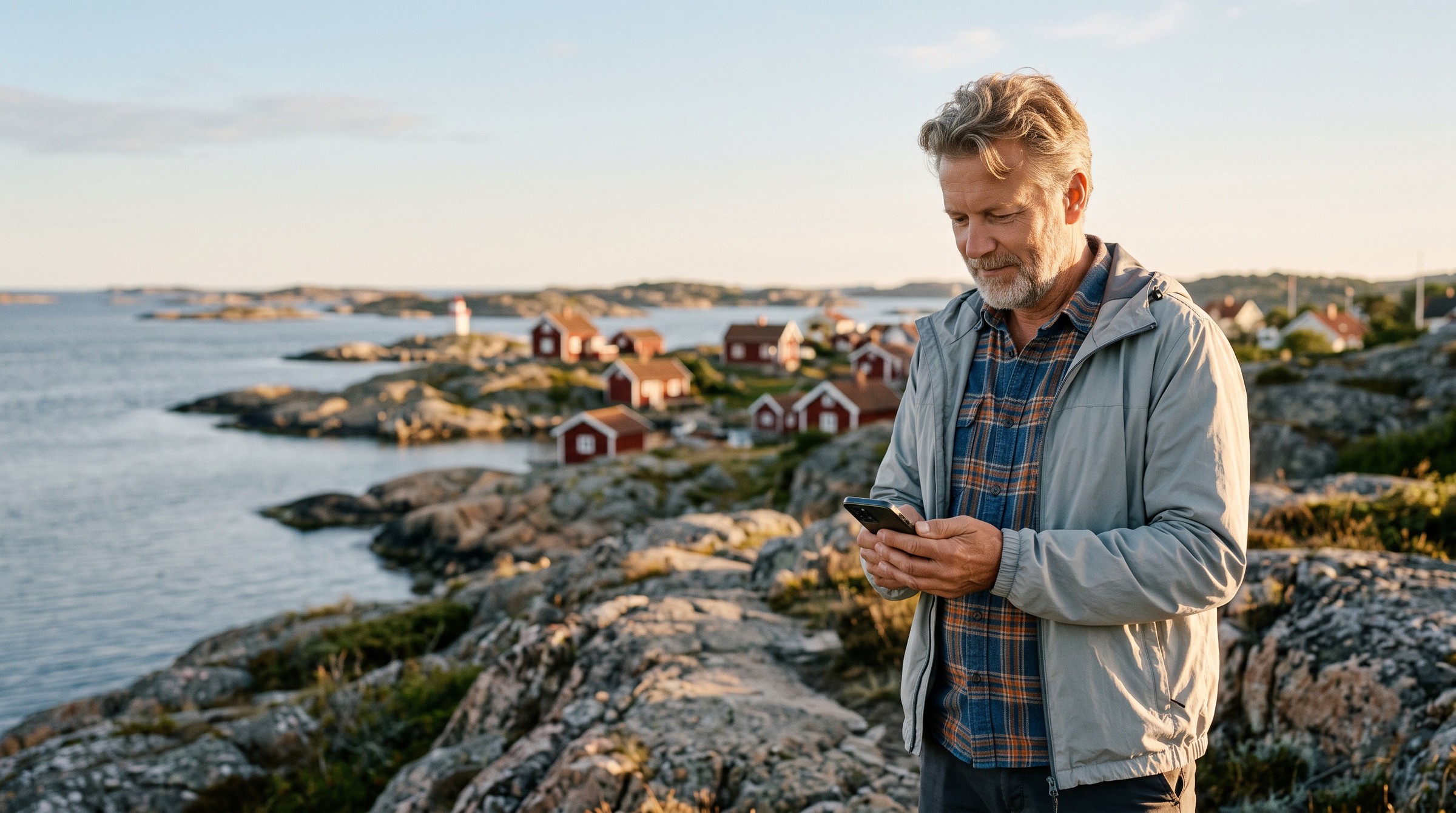 Man i skärgården som tittar ner i sin mobil